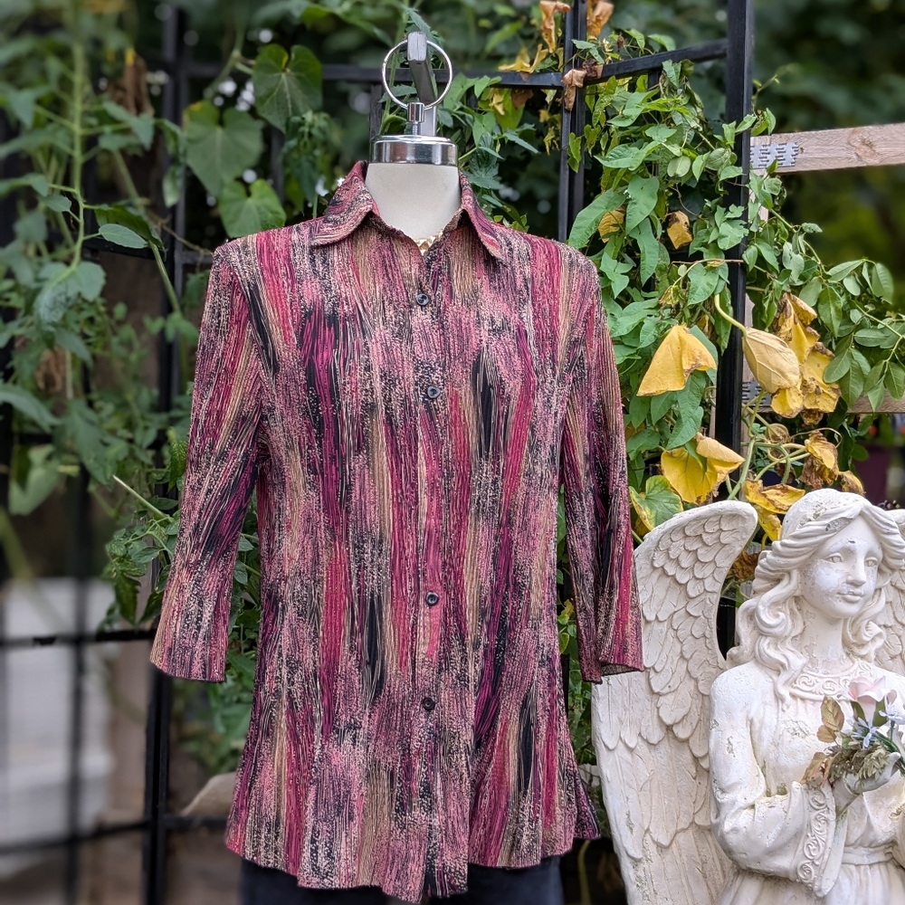 COC Stylish Pink and Black Pleaded Button-Up Shirt 2XL